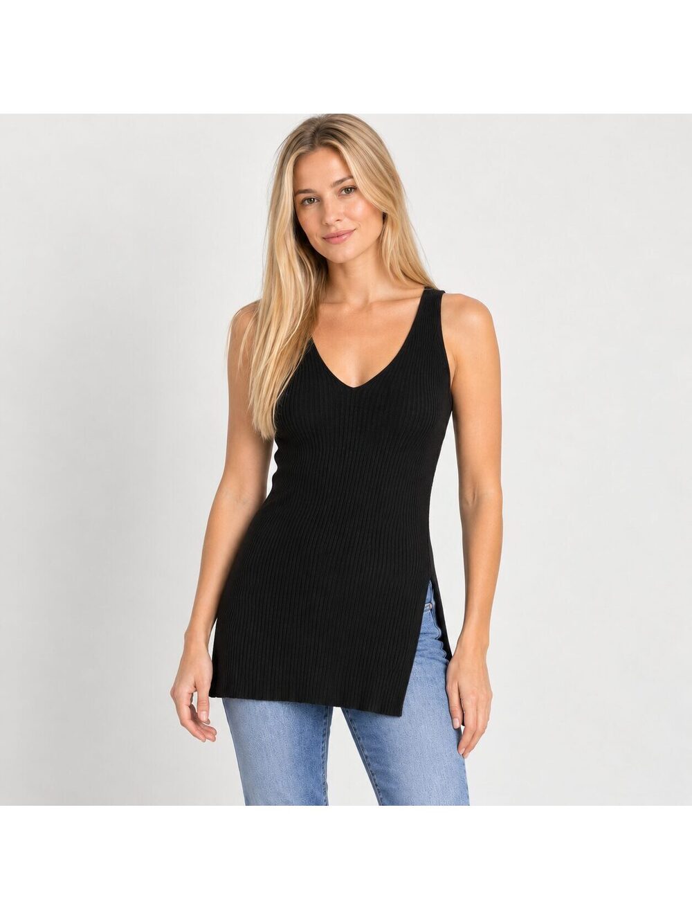 Babaton Black Ribbed Knit V-Neck Sleeveless Longline Tunic Top XS